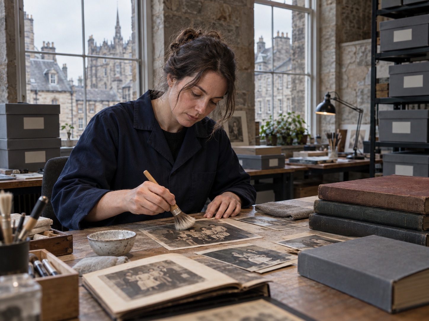 A technician cleaning smoke-damaged photographs in the workshop