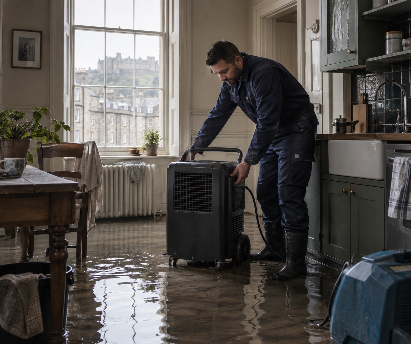 Drying equipment set up in a flooded stone cottage