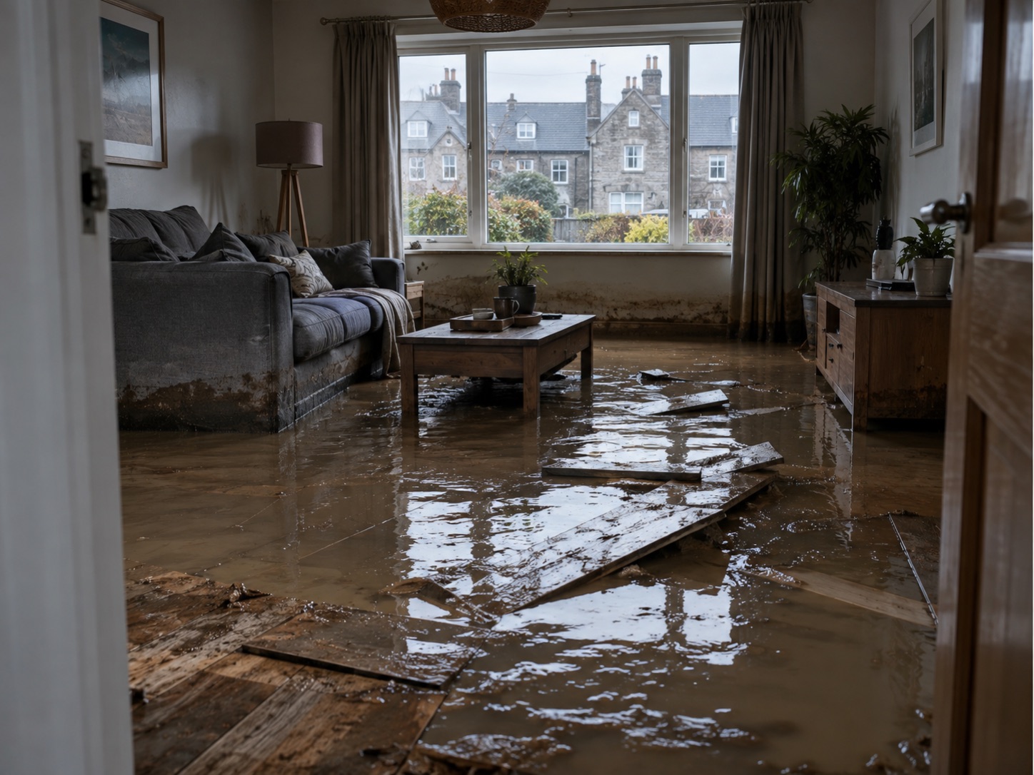 An Aberdeen living room under flood water