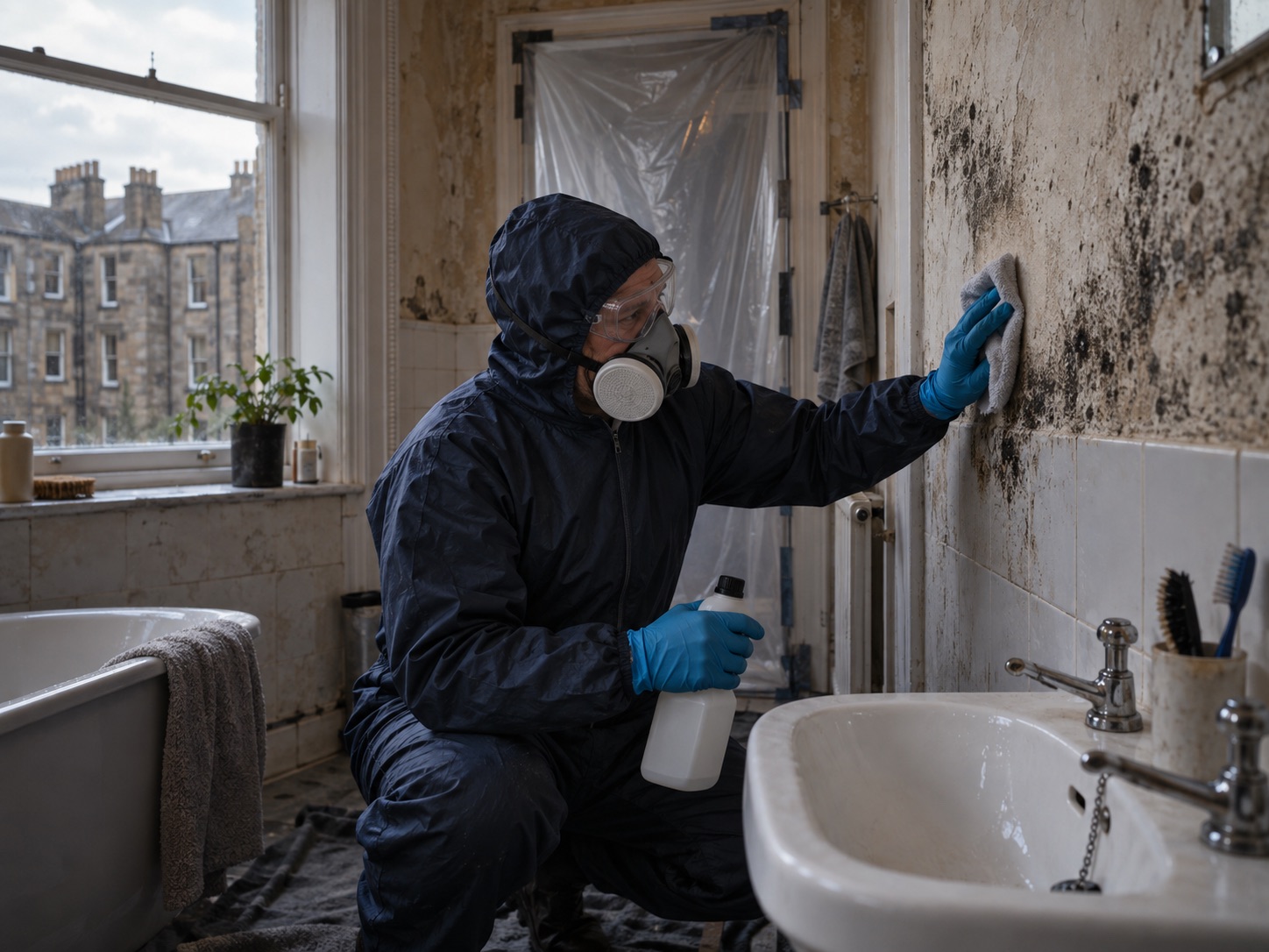 A technician in protective gear treating black mould