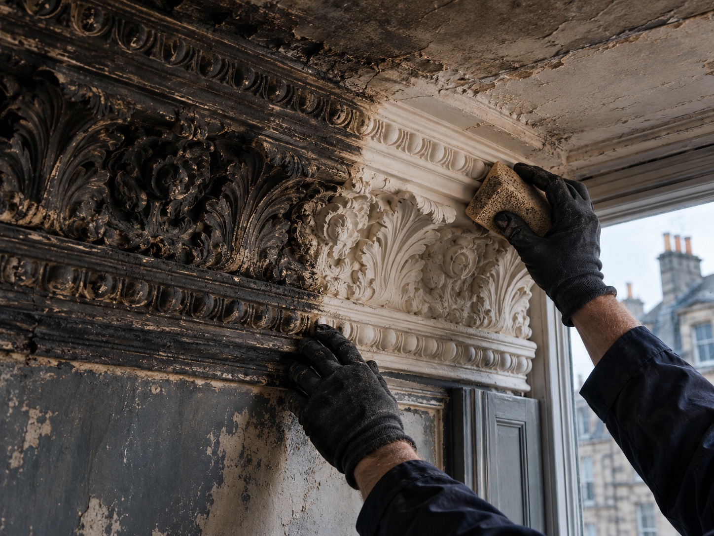 Gloved hands cleaning soot from an ornate plaster cornice