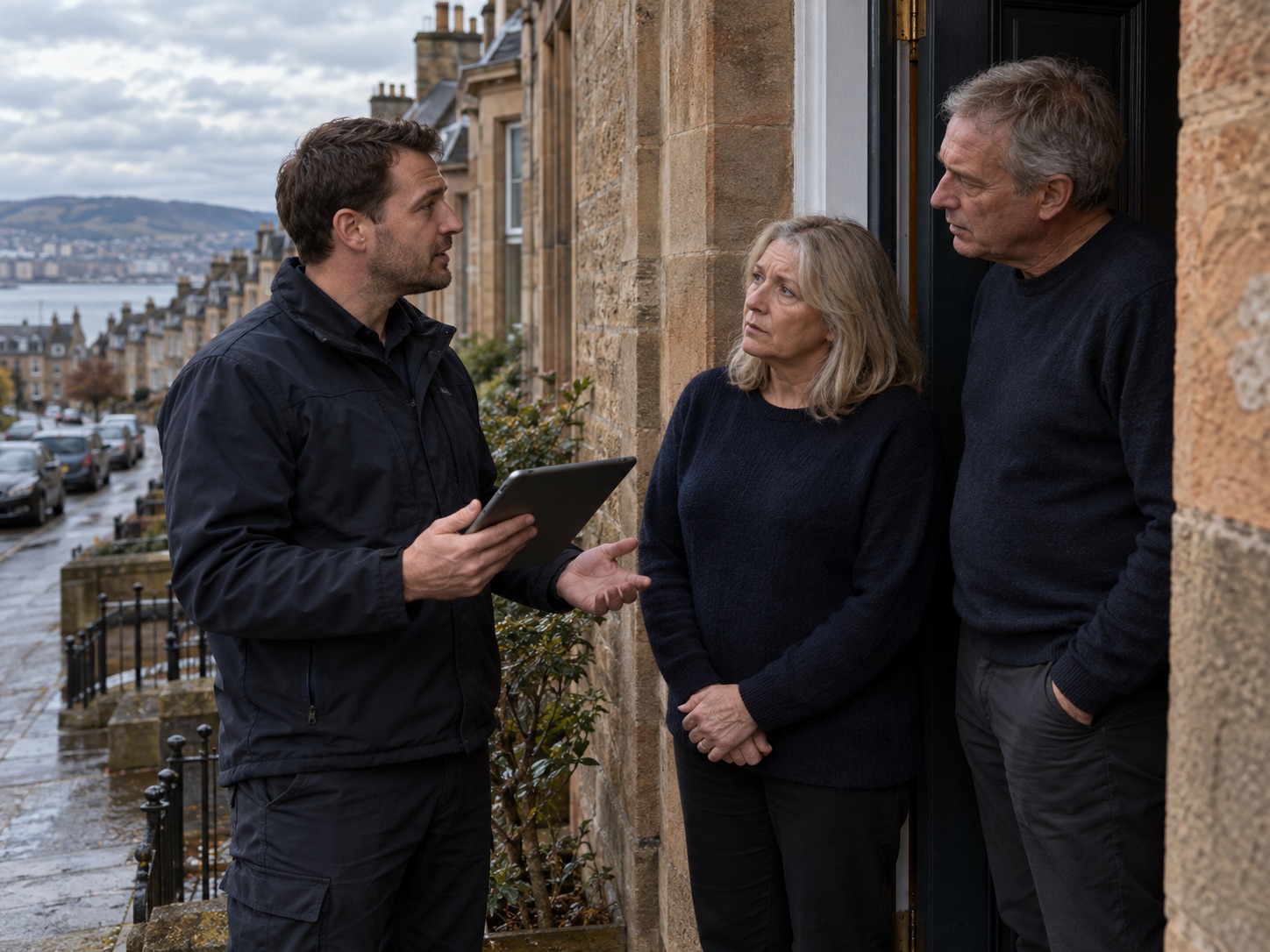 A surveyor talking with homeowners at the door of a Dundee terrace